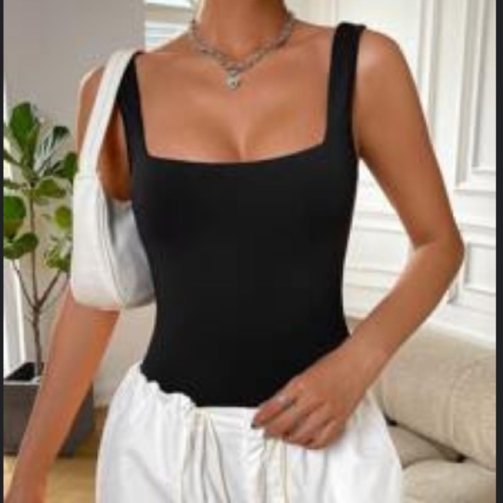 Black square neck tank bodysuit